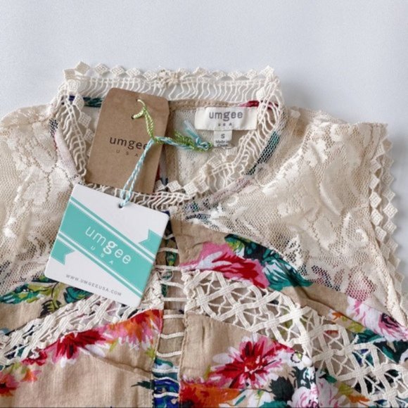 Umgee | Sleeveless Floral Print High Neck Dress Crochet Yoke Ruffle Hem Brunch - Picture 13 of 15